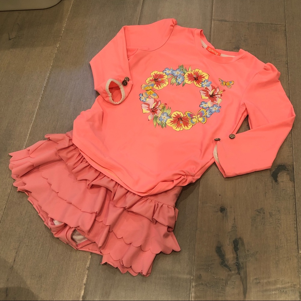 Sunuva rashguard & Hanna Andersson ruffle skirt swimsuit